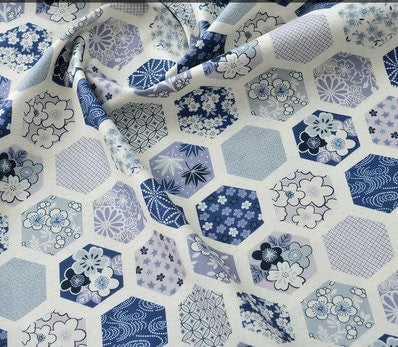 Japanese Blue Cotton Fabric: Floral Print Sewing Material