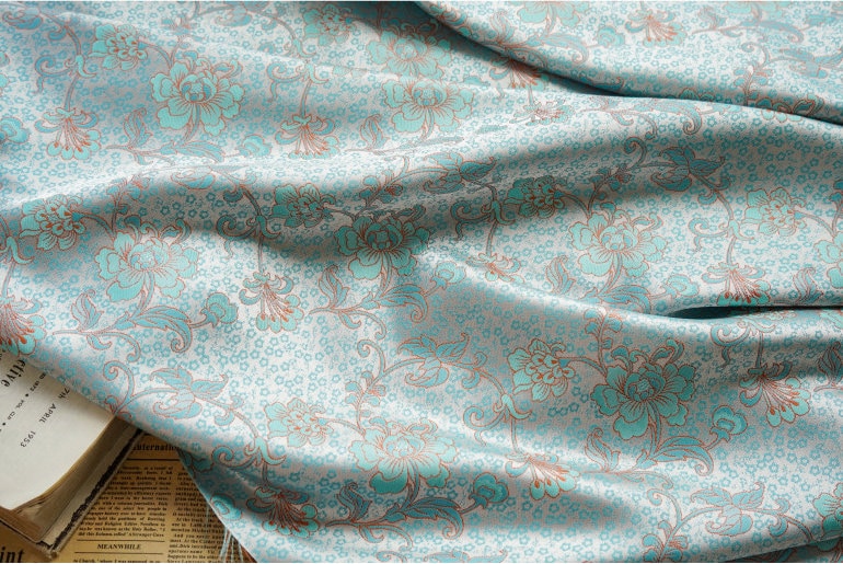 Ice Blue Floral Brocade Fabric: 59"W Chinese Style Polyester
