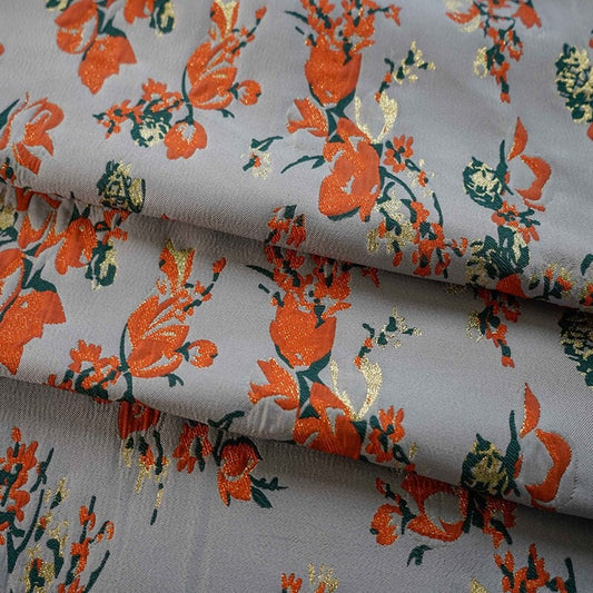 Gold Thread Jacquard Fabric: 3D Oil Painting Texture, Orange Floral (57"W)