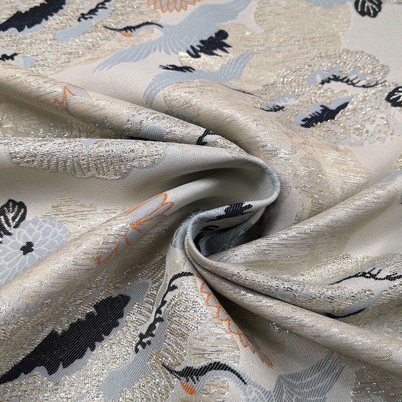 Crane Jacquard Satin Brocade Fabric: Retro Chinese Sewing Material