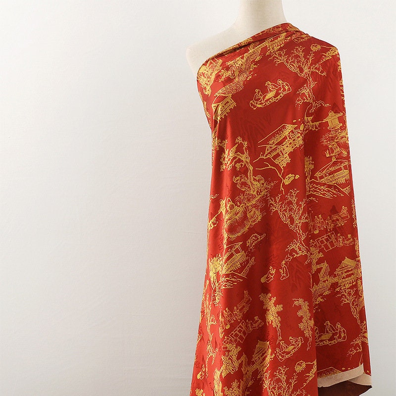 Red Cloud Yarn Fabric: Silken Ancient Painting Print, 59" Wide