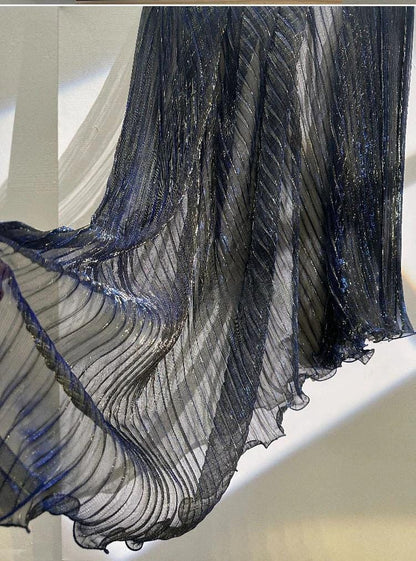 Blue Gold Glitter Pleated Organza Mesh Fabric, 59"W, Shiny Sheer