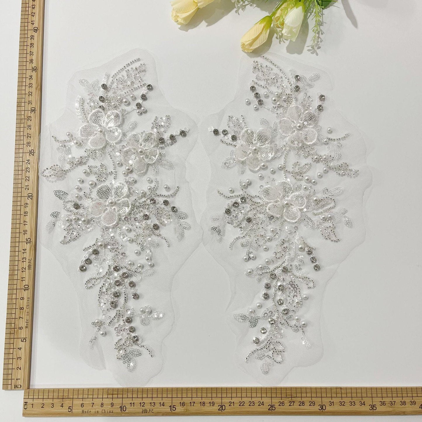 Embroidered Lace Trim: Light Ivory Bridal Applique with Sequins (By Pair)