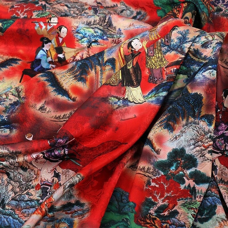 Ancient Ladies Tea Silk Satin Fabric: Digital Print, 59"W