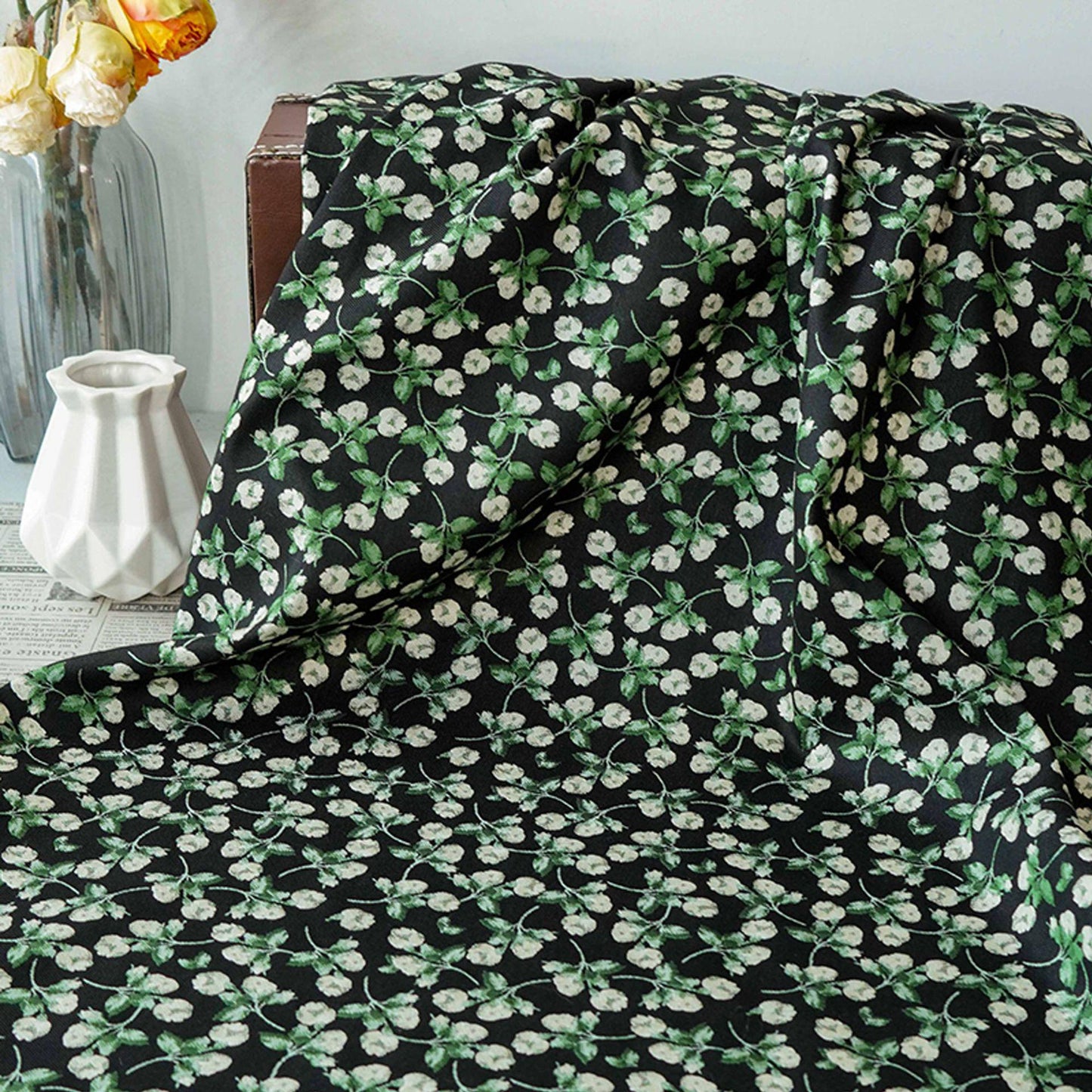 Black Background Small Floral Jacquard Fabric ��� Ideal for Home D��cor, Curtains, Quilting, Dressmaking, Upho"Wide