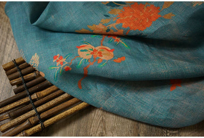 Tissu ramie bleu sarcelle : imprimé floral de grues, pour la confection d'un cheongsam qipao, 140 cm de large