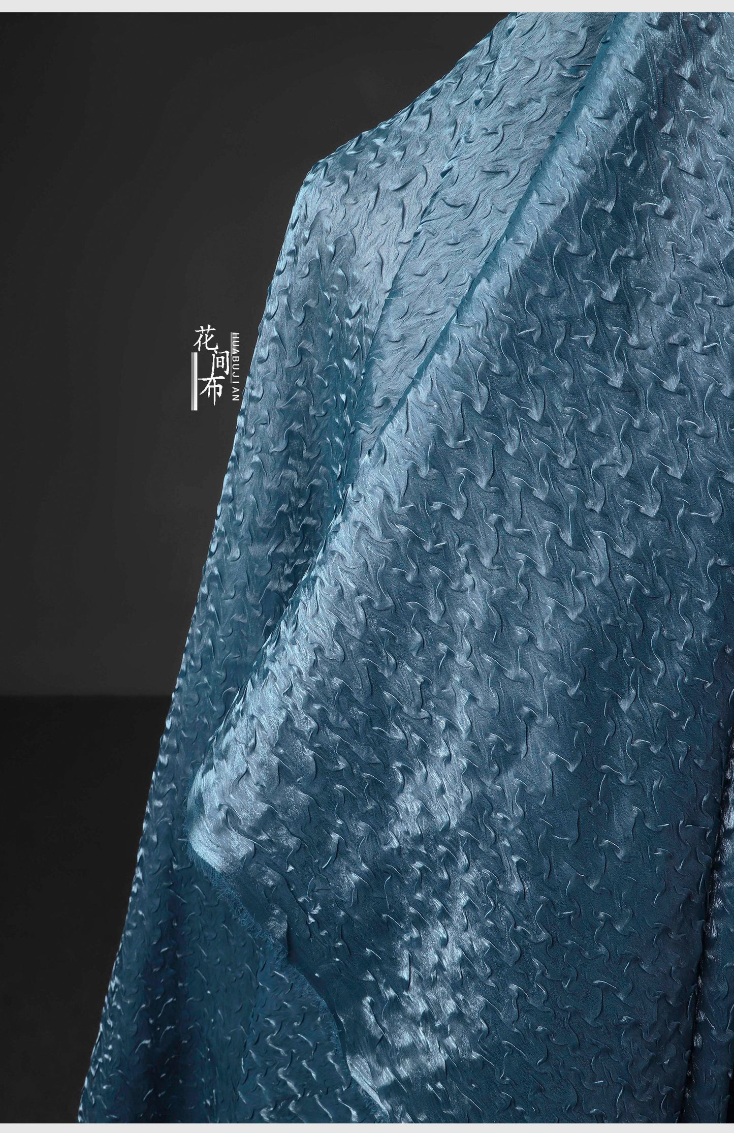 Sea Blue Crepe Mesh Fabric, 3D Wavy Pleated Designer Fabric
