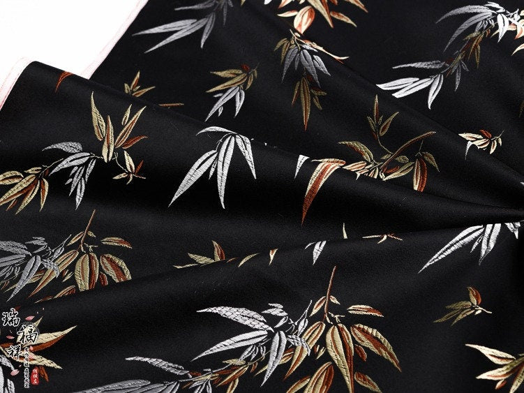 Black Bamboo Leaves Silk Brocade Fabric: Costume & Decor