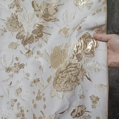 White Peony Jacquard Fabric: Embossed Gold Thread, 59" Wide