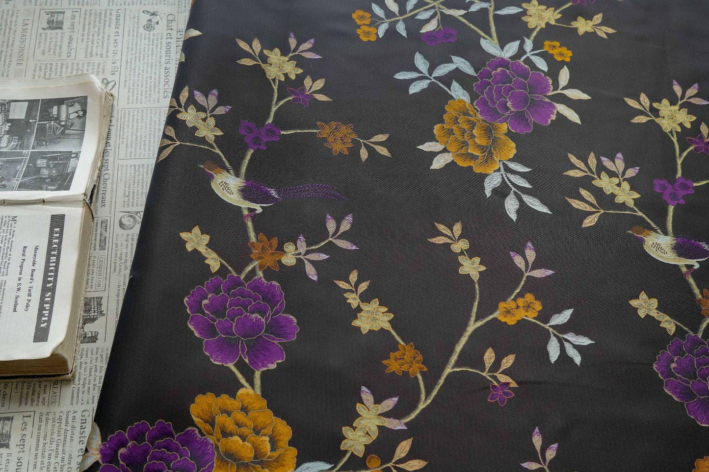 Gold Thread Jacquard Fabric: White Deer Embossed Weave, 64" Wide