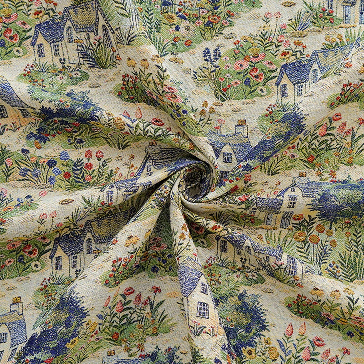 Pastoral Oil Painting Style Jacquard Fabric, Countryside Houses & Floral Weave, 56"Wide