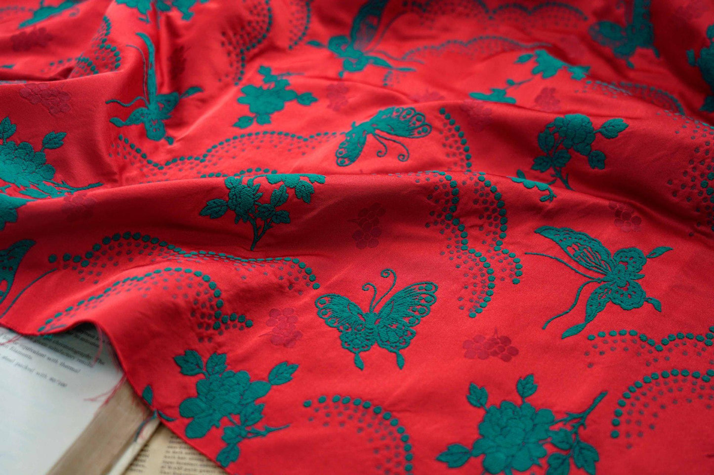 Butterfly Flower Chenille Jacquard Fabric: Red & Green Upholstery, Quilting (By The Meter)