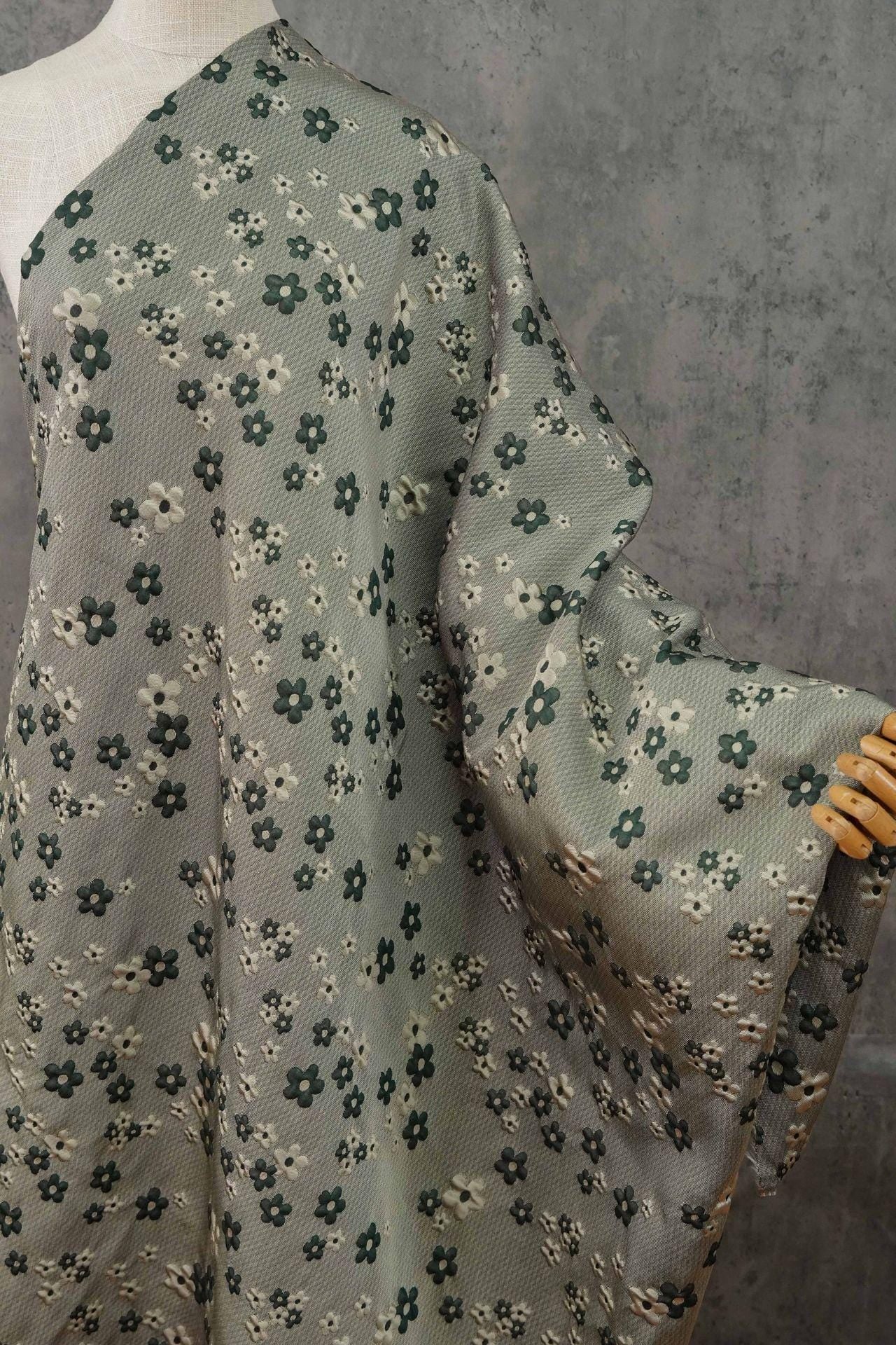 Green Grey Jacquard Fabric: 3D Flower Design, Upholstery & Costume