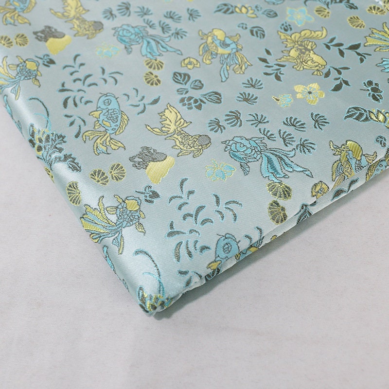 Aqua Blue Goldfish Brocade Fabric: 59"W Rayon Blend