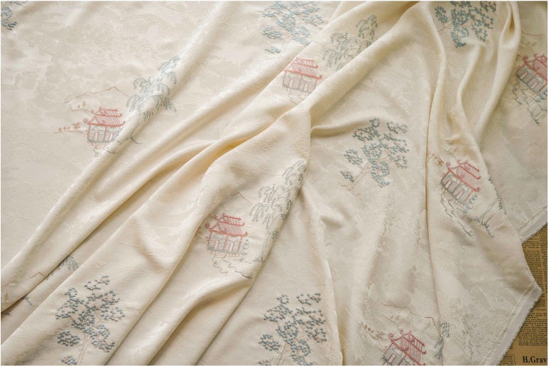 Embroidered Jacquard Fabric: Apricot Ancient Paintings, 59" Wide
