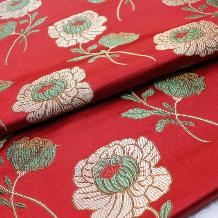 Lotus Brocade Fabric: Red Silk Blend Tibetan Textile (29"W)