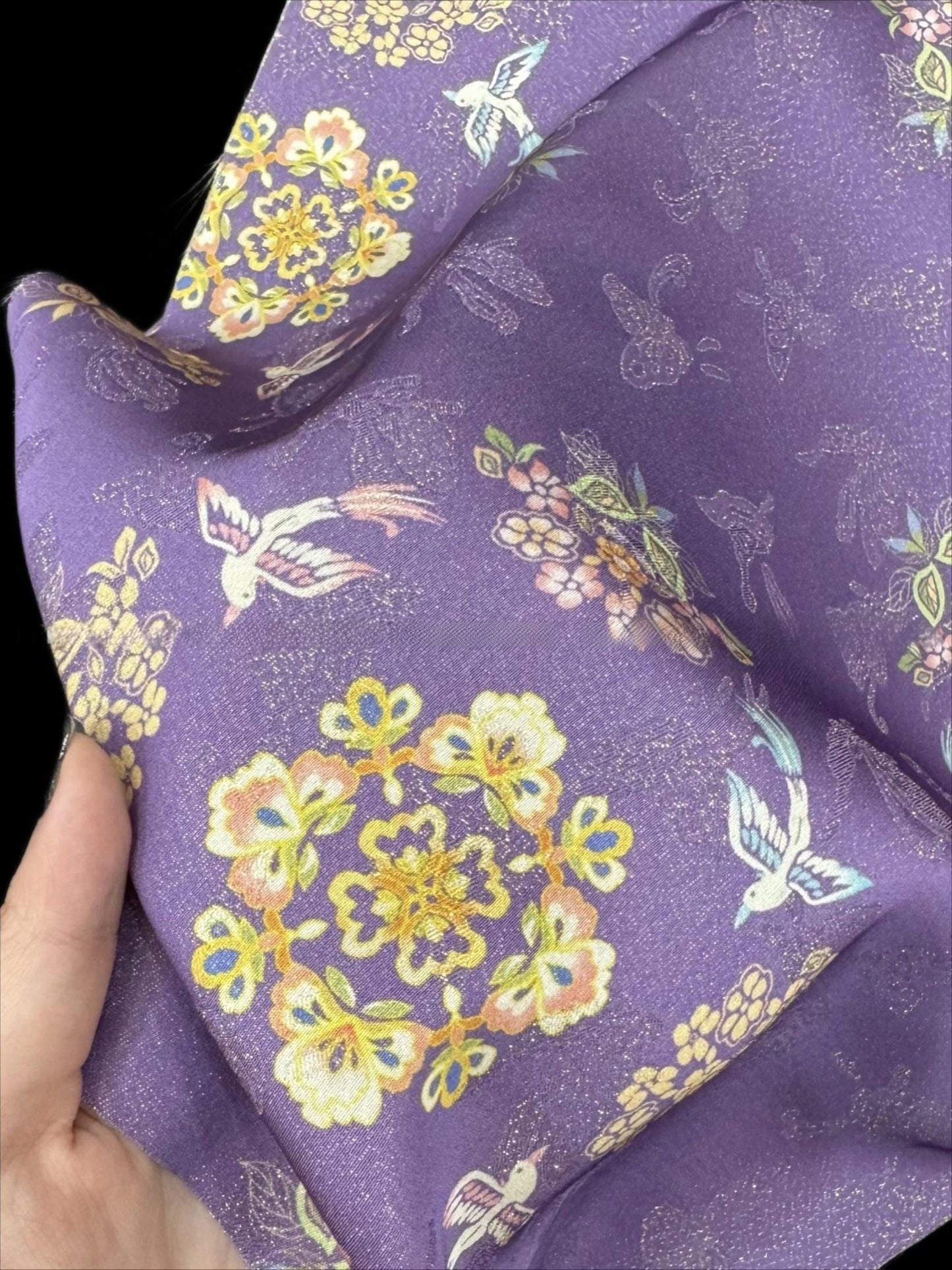 Purple Floral Brocade Fabric: Rayon & Gold Thread Chinese Style Medallion, 55"W