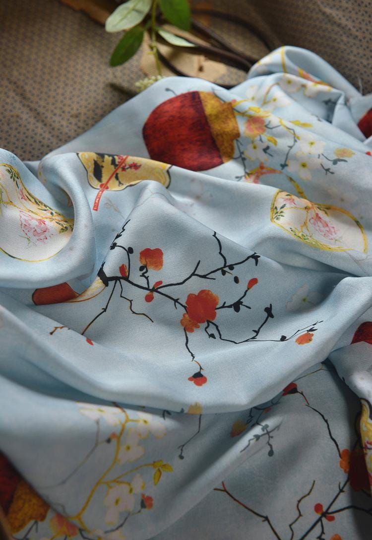 Chinese Ink Painting Cotton Fabric: Floral Drapery, Costume Sewing (55"W)