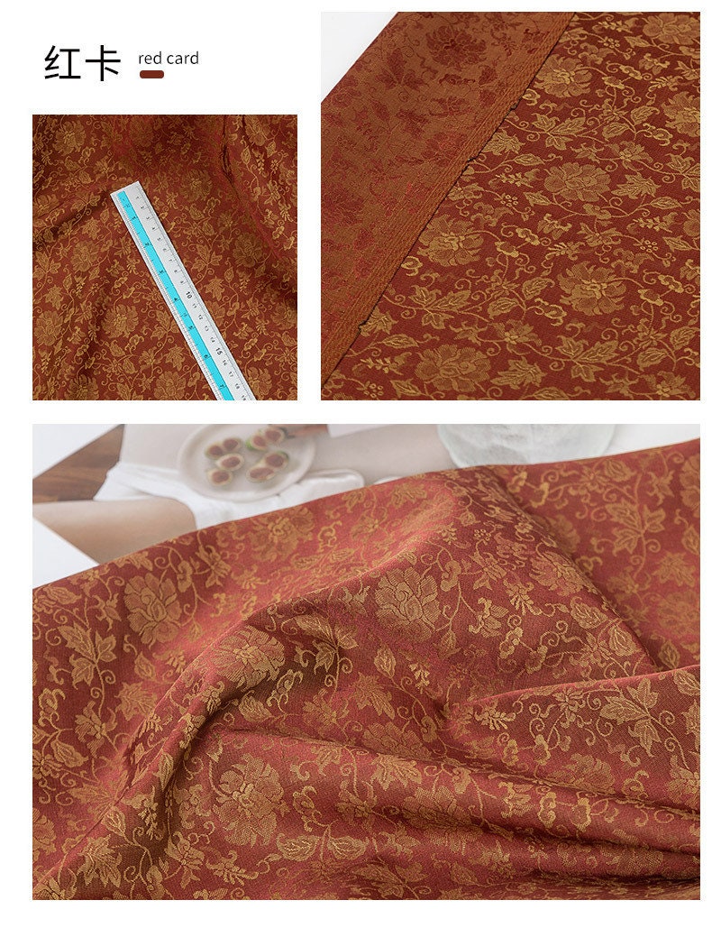 Tissu damassé jacquard pivoine paon : satin de soie thé, 150 cm de large