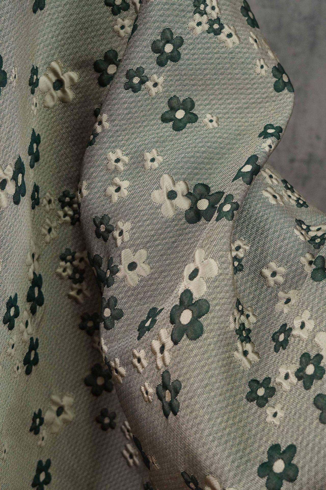 Green Grey Jacquard Fabric: 3D Flower Design, Upholstery & Costume