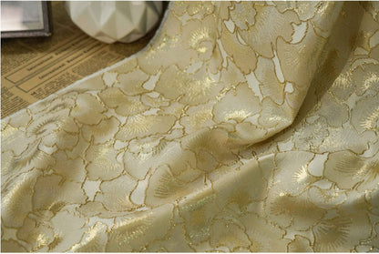 Gold Ginkgo Jacquard Fabric: Beige Costume Dress Satin (59"W)