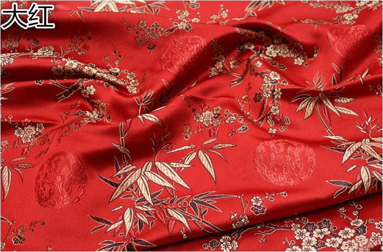 Red Cherry Blossom Brocade Fabric: Gold Bamboo Jacquard (By The Meter)