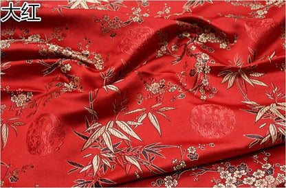 Red Cherry Blossom Brocade Fabric: Gold Bamboo Jacquard (By The Meter)
