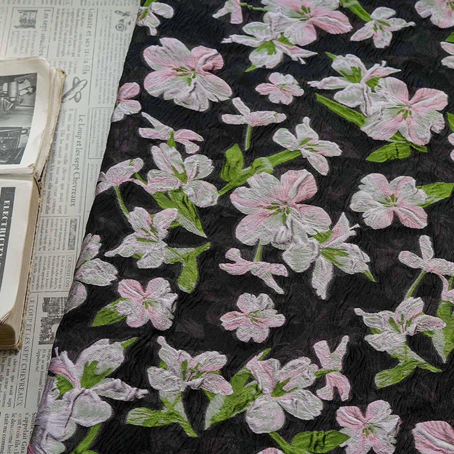 Black Embossed Floral Jacquard Fabric: Pink Flower Brocade, 55" Wide