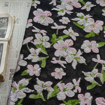 Black Embossed Floral Jacquard Fabric: Pink Flower Brocade, 55" Wide