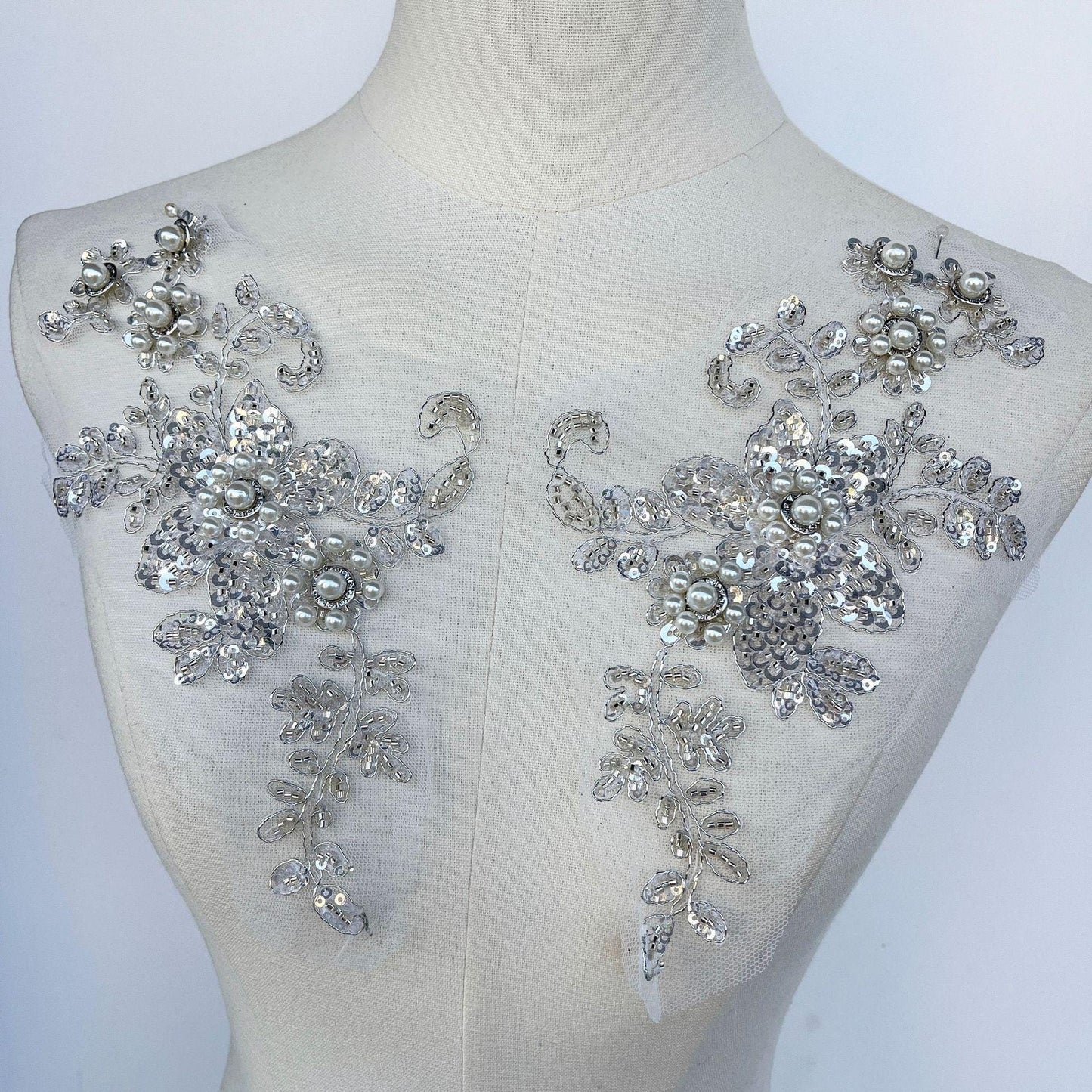 Embroidered Sequin Lace Trim: Light Ivory Bridal Applique - 11" By The Yard