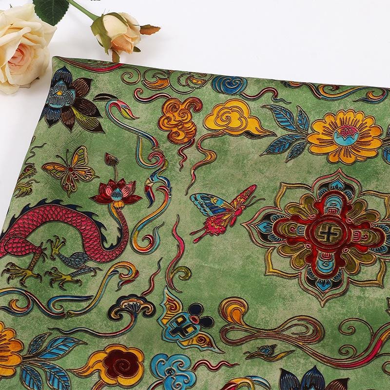 Floral Dragon Print Rayon Fabric - Gambiered Canton Gauze 59"