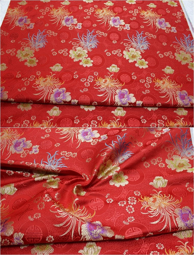 Red Chrysanthemum Brocade Fabric: 59"W Silk Rayon Cheongsam Cushion