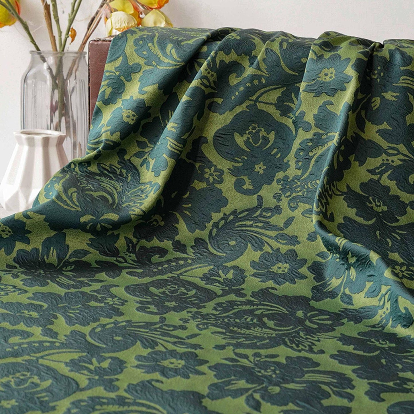 Embossed Floral Jacquard Fabric ��� Green Vintage Style Upholste" Wide