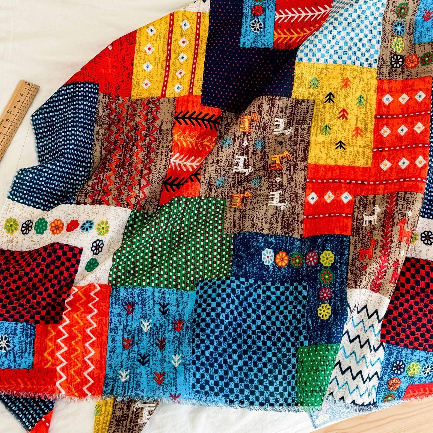 1960s Cotton Fabric: Colorful Patchwork Print, Sewing & Upholstery