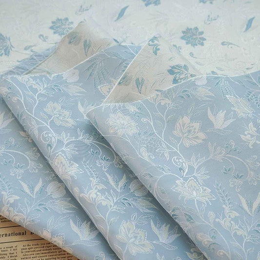 Azure Floral Jacquard Fabric: Reversible Light Blue Woven Upholstery, 64" Wide