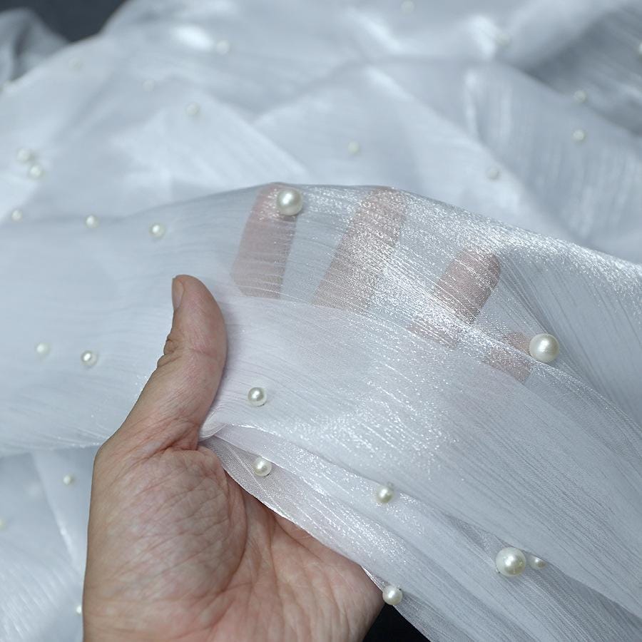 White Beaded Organza Fabric: Luxury Wedding Dress Material (59")