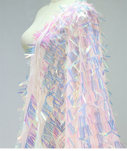 Pink Sequined Tassel Mesh Fabric, Illusion Design, 49" Wide