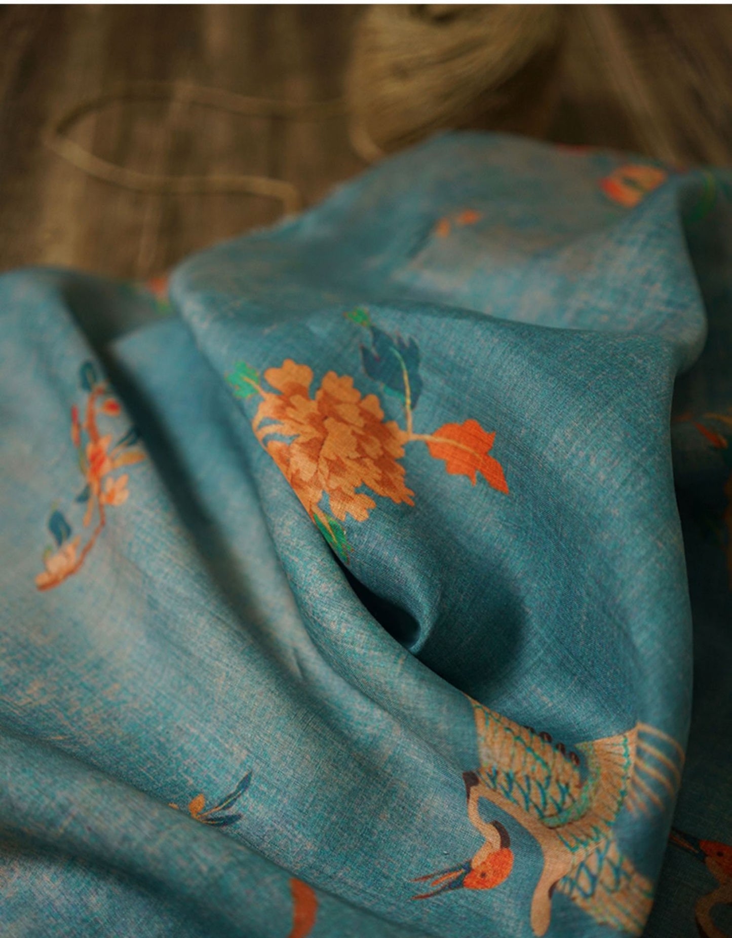 Tissu ramie bleu sarcelle : imprimé floral de grues, pour la confection d'un cheongsam qipao, 140 cm de large