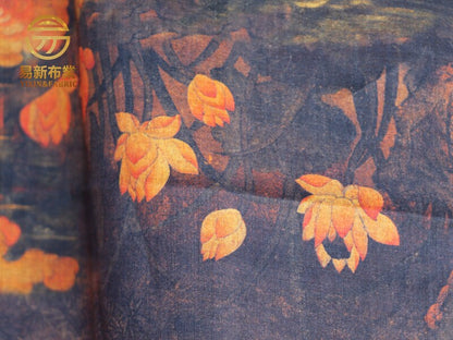 Dunhuang Lotus Linen Fabric: Auspicious Clouds Retro Print, 55"W