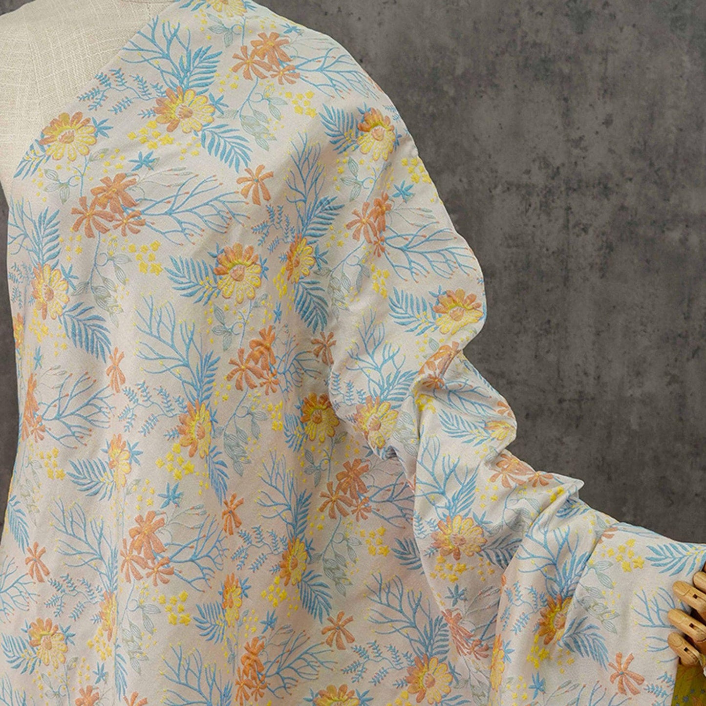 Reversible Jacquard Woven Fabric: Blue & Yellow Floral Upholstery, Costume, Decor - 64"W
