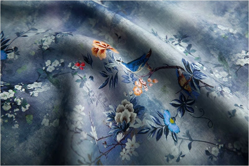 Floral Bird Print Ramie Fabric: Sustainable Apparel & Home Decor, 55"W