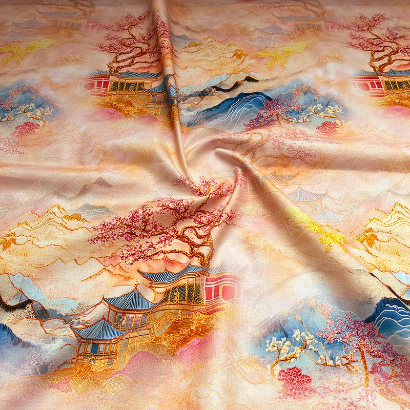 Oriental Landscape Cotton Fabric: Fairy Mountain Palace Print, Quilting Material (55"W)