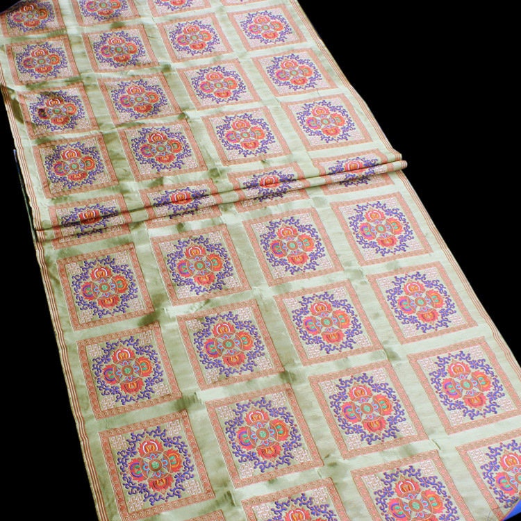 29"W Vintage Tibetan Brocade Fabric: Silk Satin Upholstery Textile