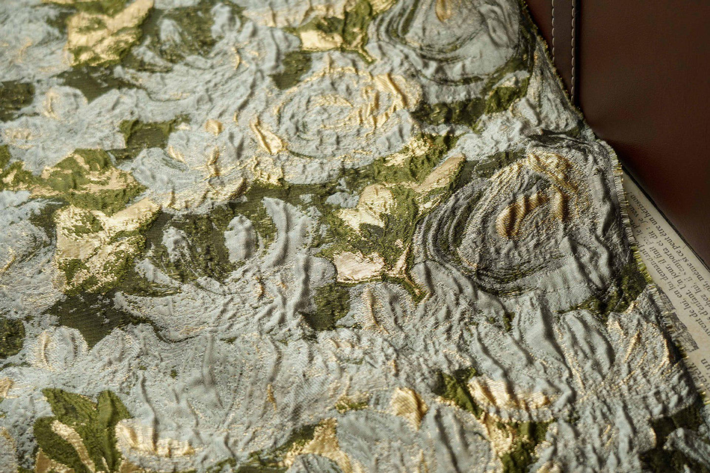 Green Jacquard Woven Fabric: 3D Gold Thread Embossed Texture, 57" Wide