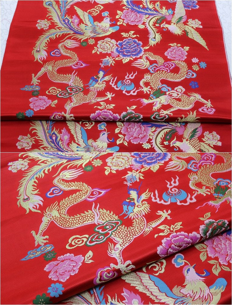 Red Phoenix Brocade Fabric: Chinese Jacquard Satin, Home Decor