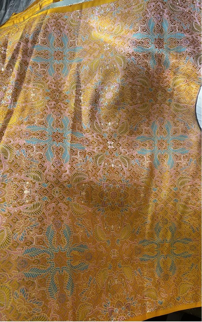 Gold Baoxiang Flower Brocade Fabric: Tibetan Robes, Shrines (29.5"W)