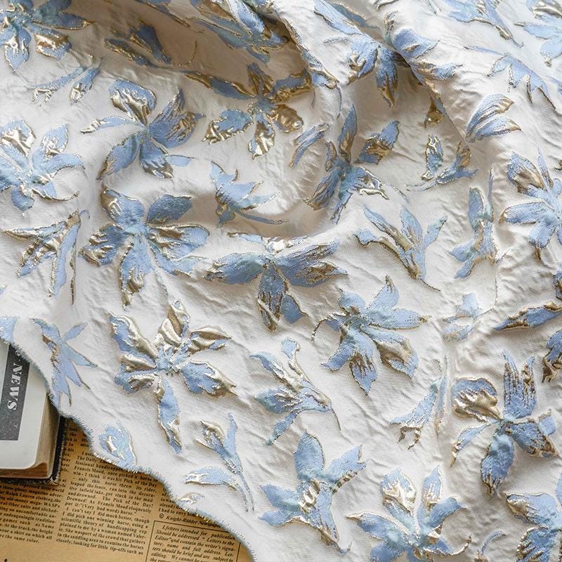Light Blue & Gold Floral Jacquard Fabric: 3D Texture, 56" Wide