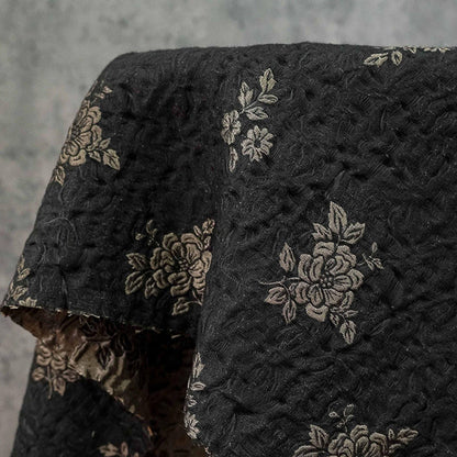 Embossed Jacquard Fabric: Black with Brown Floral Design, 59" Wide