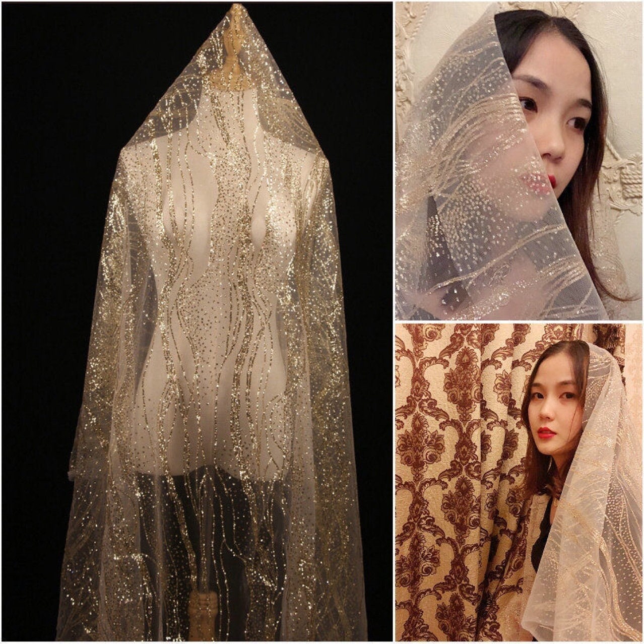 Glitter Mesh Fabric, Silver Geometric Lace for Bridal Veil, 55"W