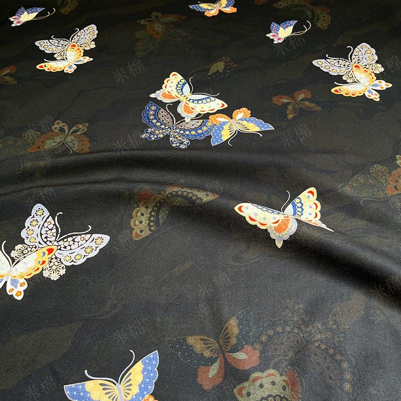 Butterfly Print Cotton Fabric: Black New Chinese Style (56" Wide)